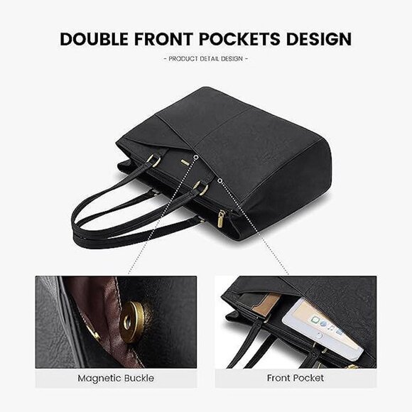 Laptop Bag for Women 15.6 Inch Tote Bags Waterproof Leather Vintage Black - Picture 3 of 8